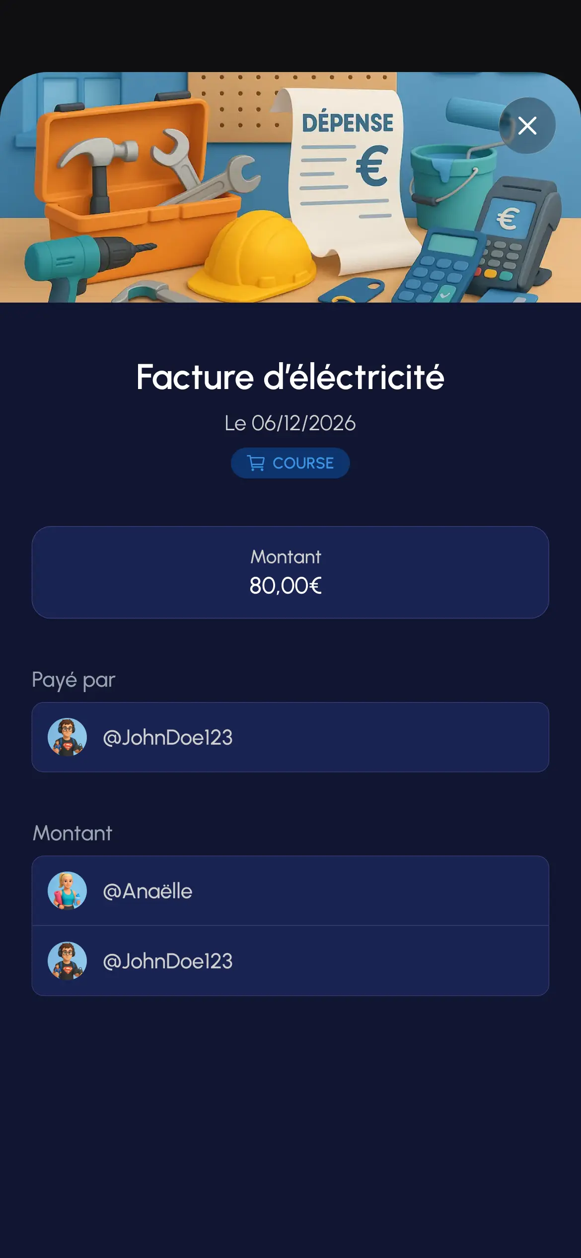 Onglet dépenses