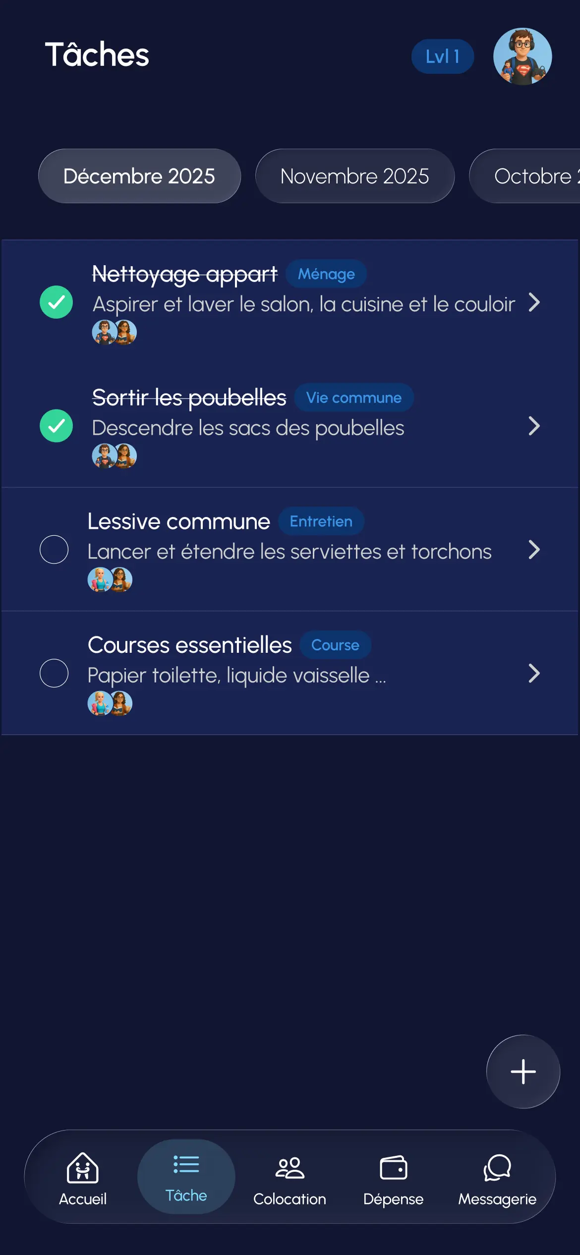 Page tâches ménagères - Application Homebro colocation
